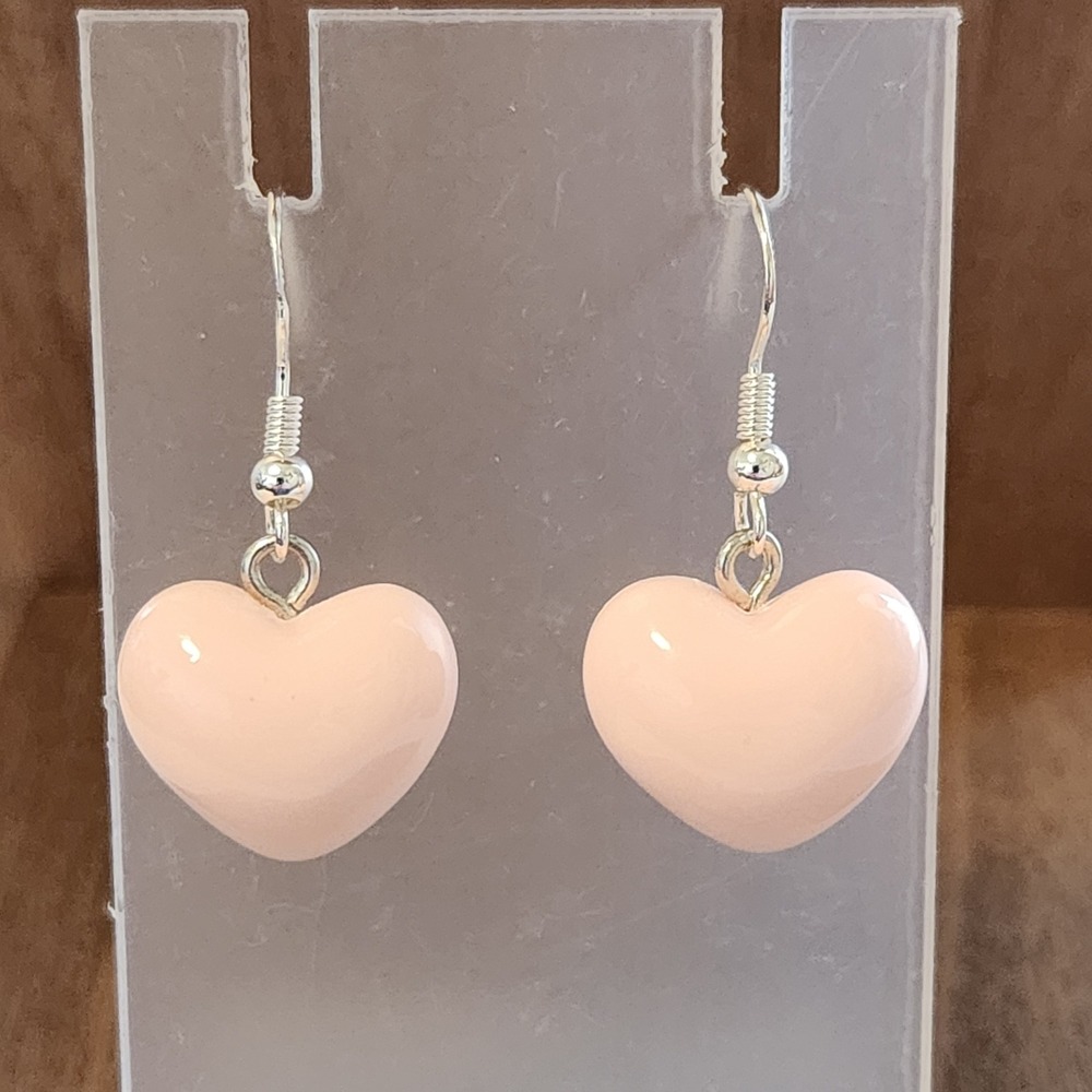 Peach Pink Heart‎ Drop Earrings Glossy Resin Pastel Silver Fishhook Dangle